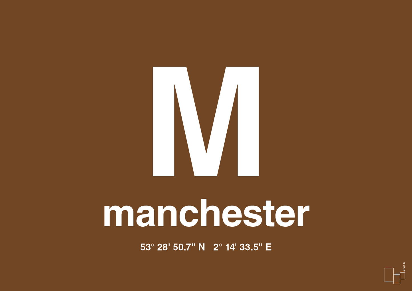 plakat: byplakat manchester med koordinater - dark brown-Byer-A1two3