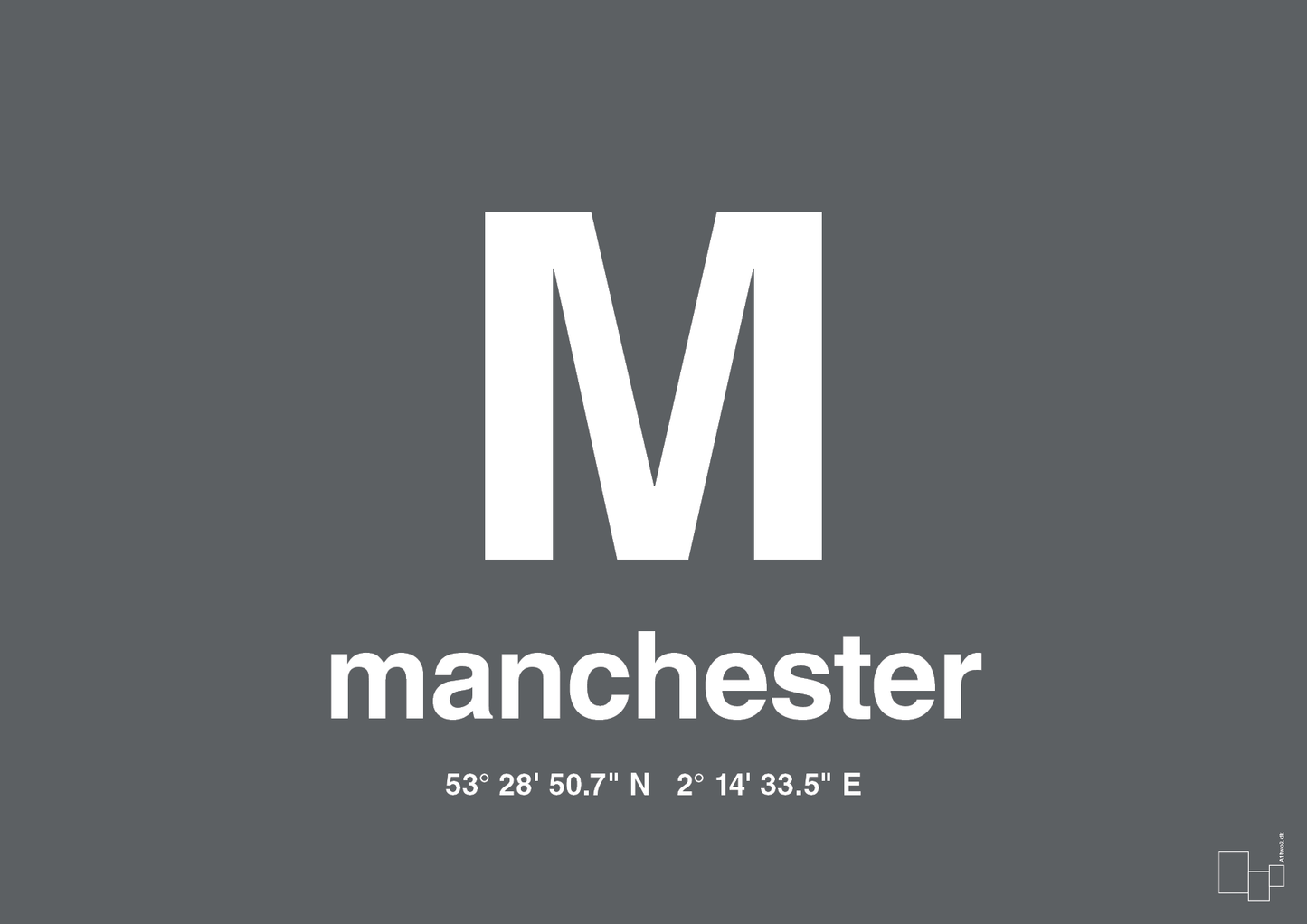 plakat: byplakat manchester med koordinater - graphic charcoal-Byer-A1two3