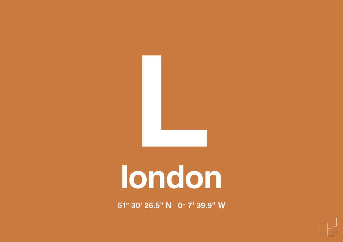 plakat: byplakat london med koordinater - rumba orange-Byer-A1two3