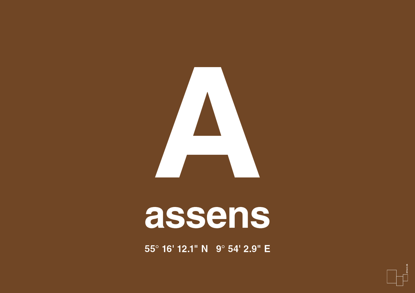 plakat: byplakat assens med koordinater - dark brown-Byer-A1two3