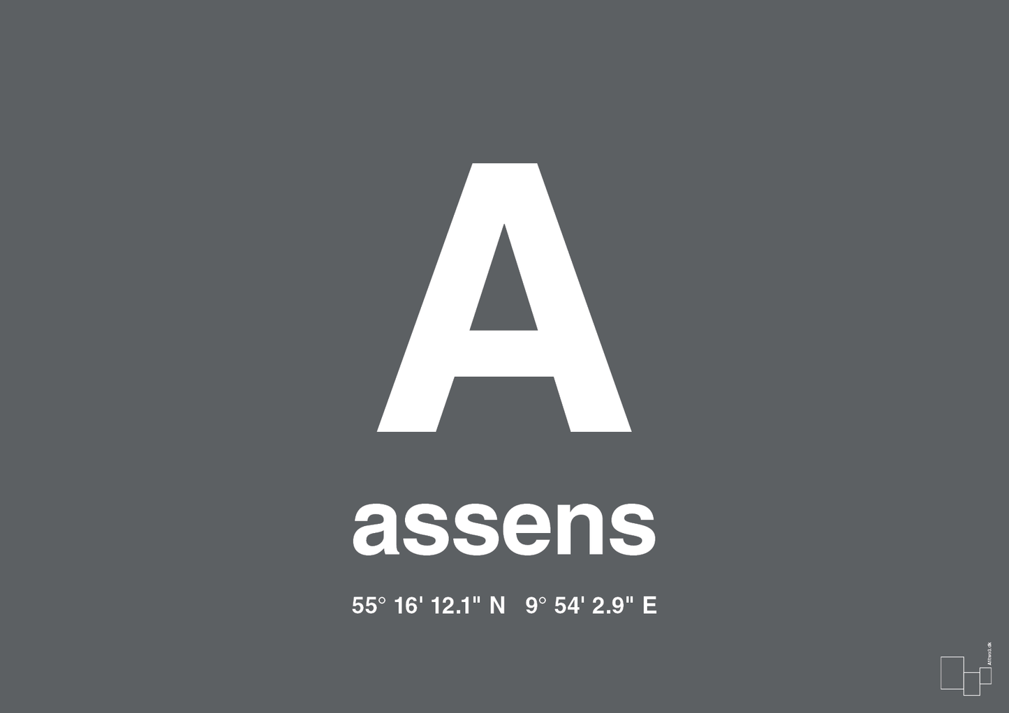 plakat: byplakat assens med koordinater - graphic charcoal-Byer-A1two3
