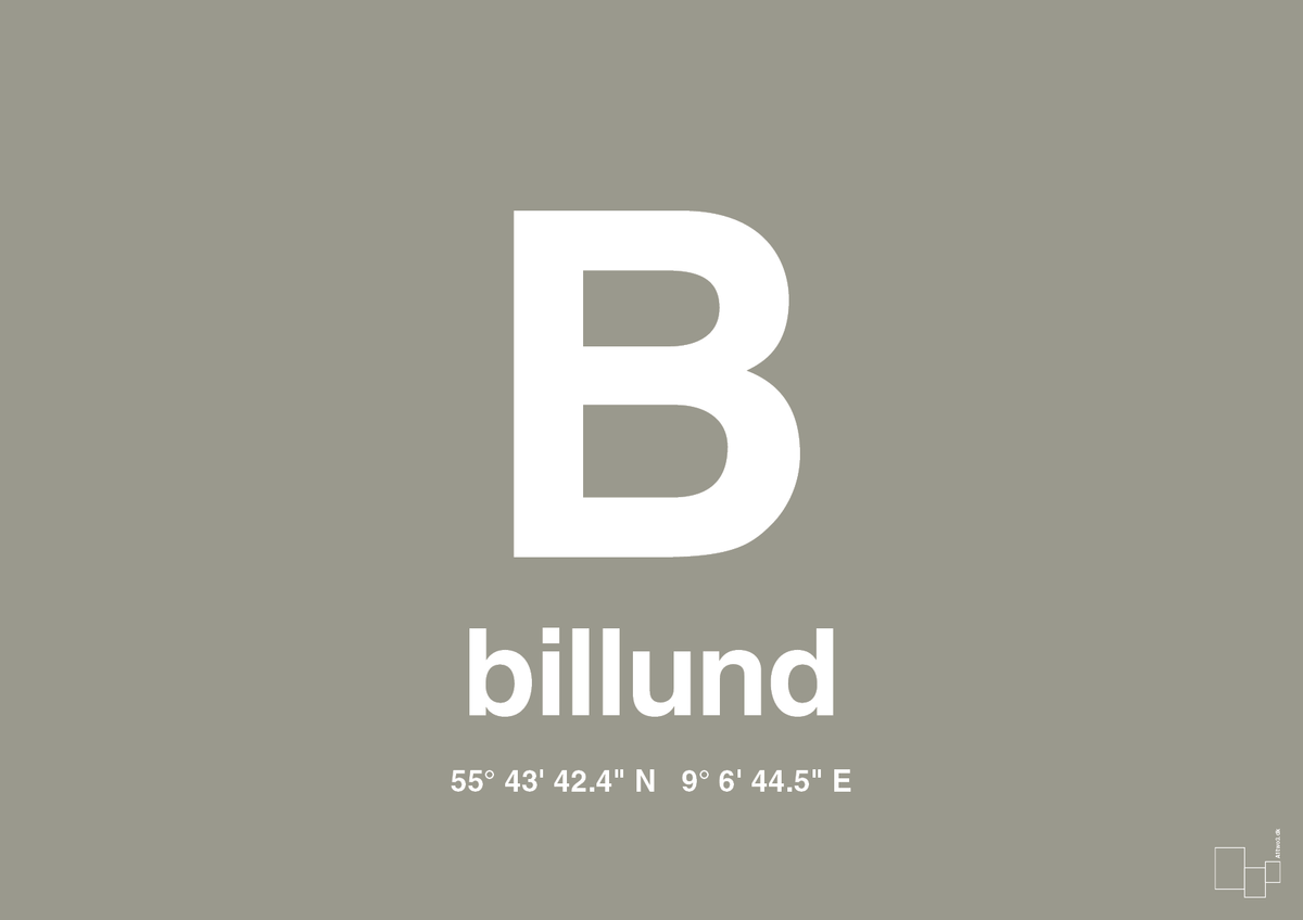 plakat: byplakat billund med koordinater - battleship gray-Byer-A1two3