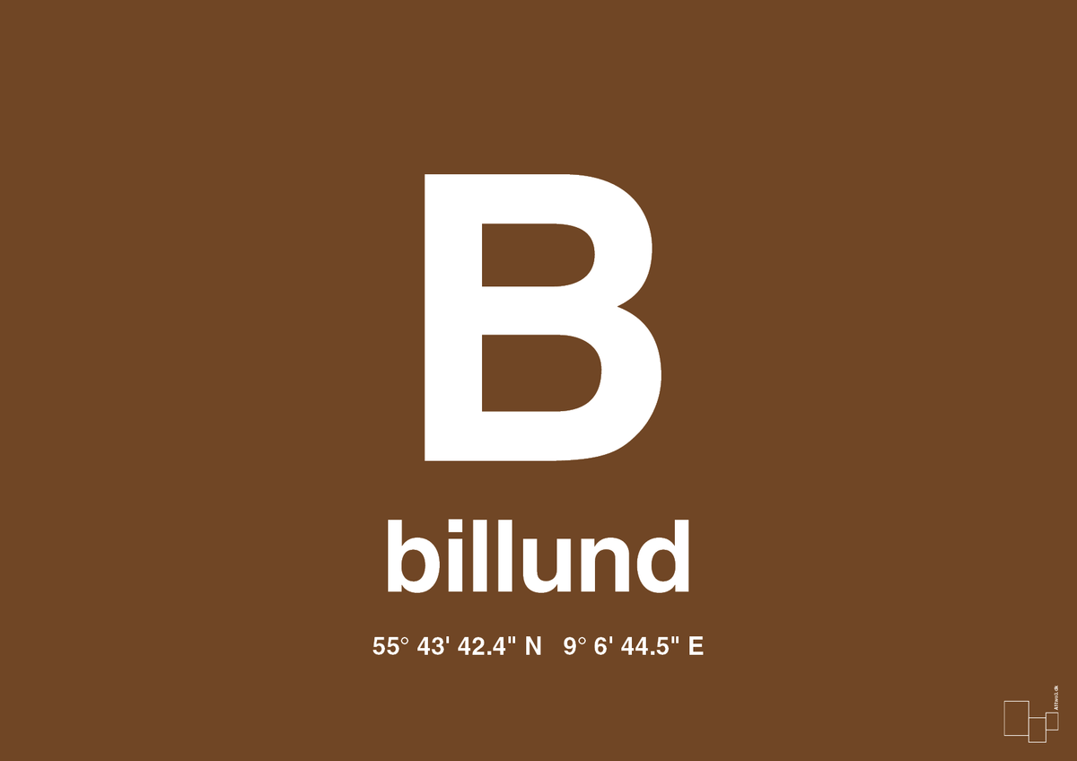 plakat: byplakat billund med koordinater - dark brown-Byer-A1two3