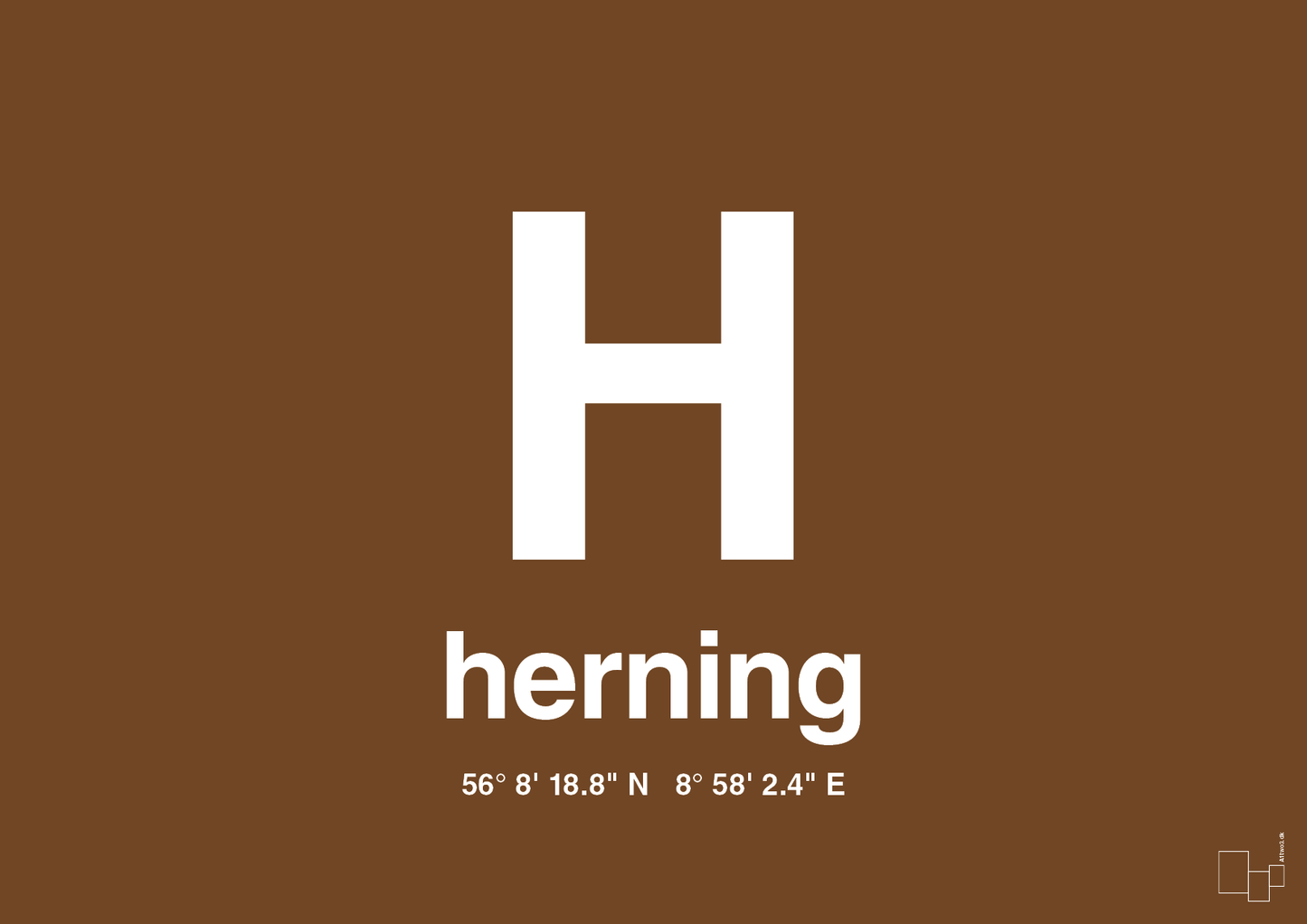 plakat: byplakat herning med koordinater - dark brown-Byer-A1two3