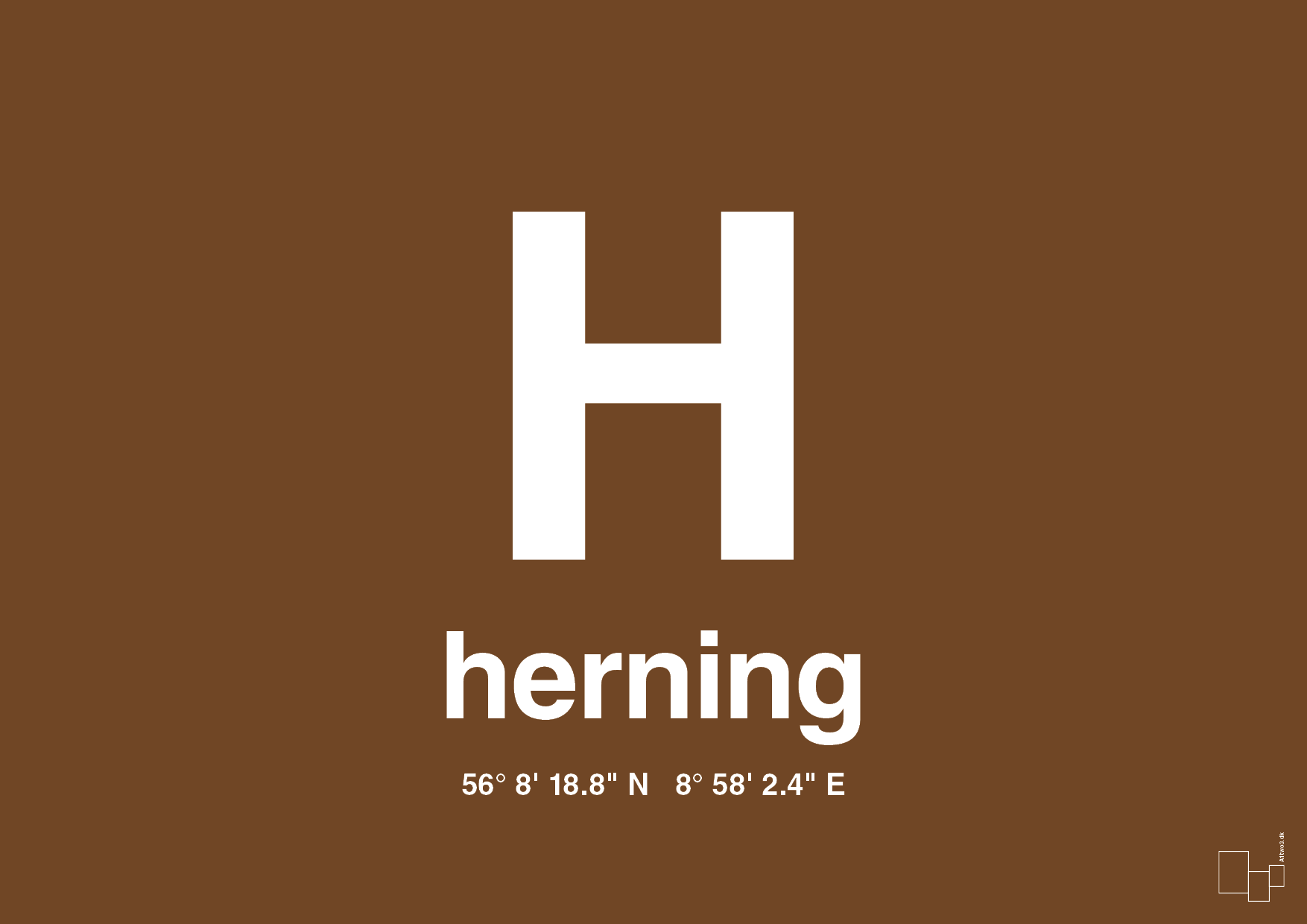 plakat: byplakat herning med koordinater - dark brown-Byer-A1two3