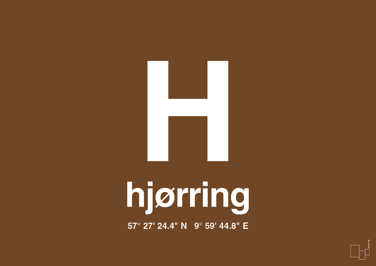 plakat: byplakat hjørring med koordinater - dark brown-Byer-A1two3