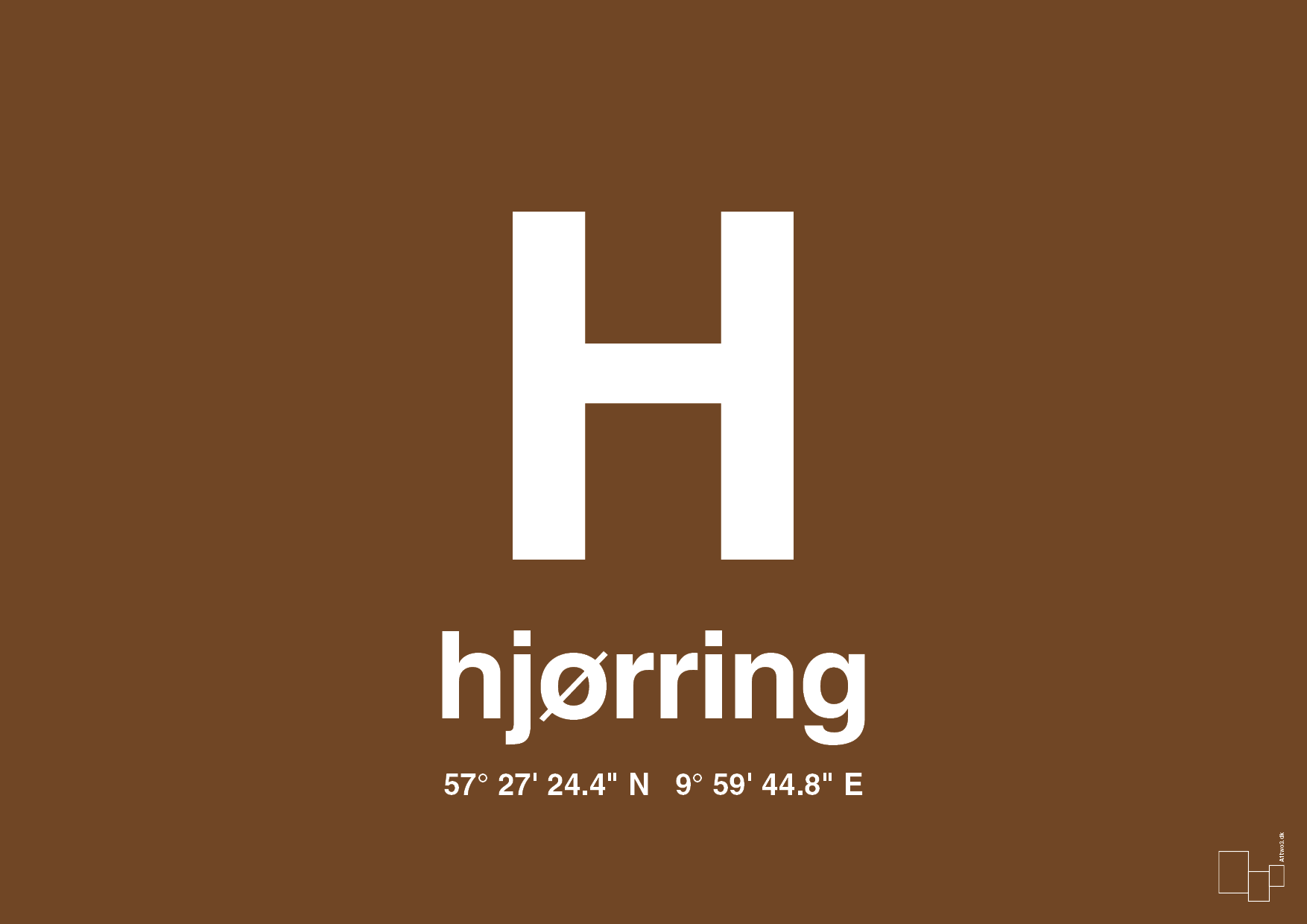 plakat: byplakat hjørring med koordinater - dark brown-Byer-A1two3