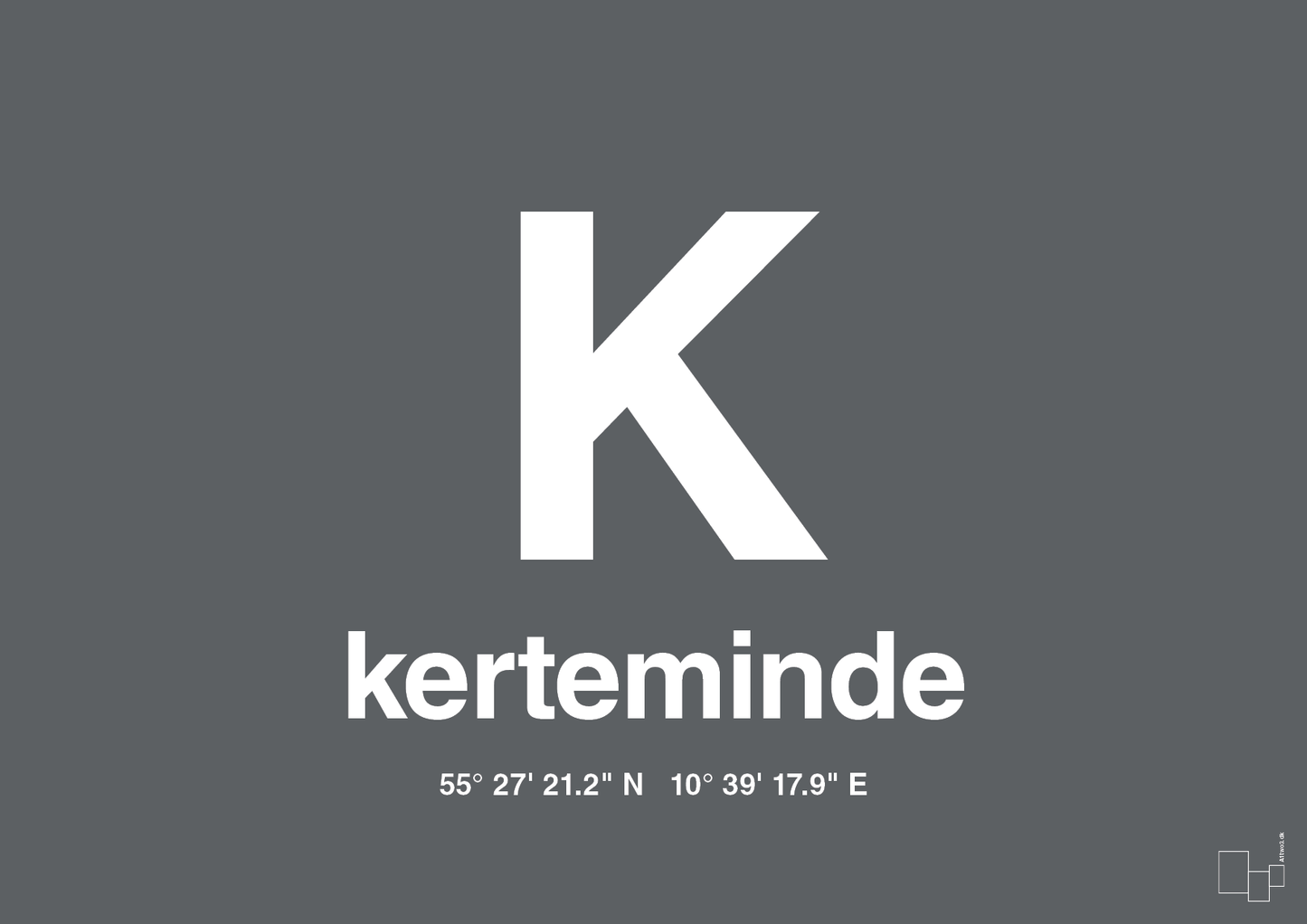 plakat: byplakat kerteminde med koordinater - graphic charcoal-Byer-A1two3
