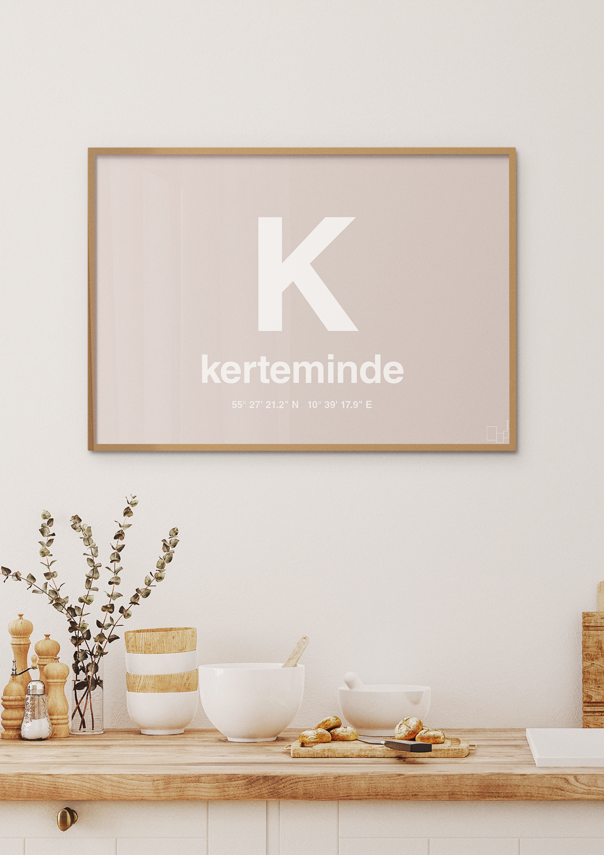 plakat: byplakat kerteminde med koordinater - graphic charcoal-Byer-A1two3