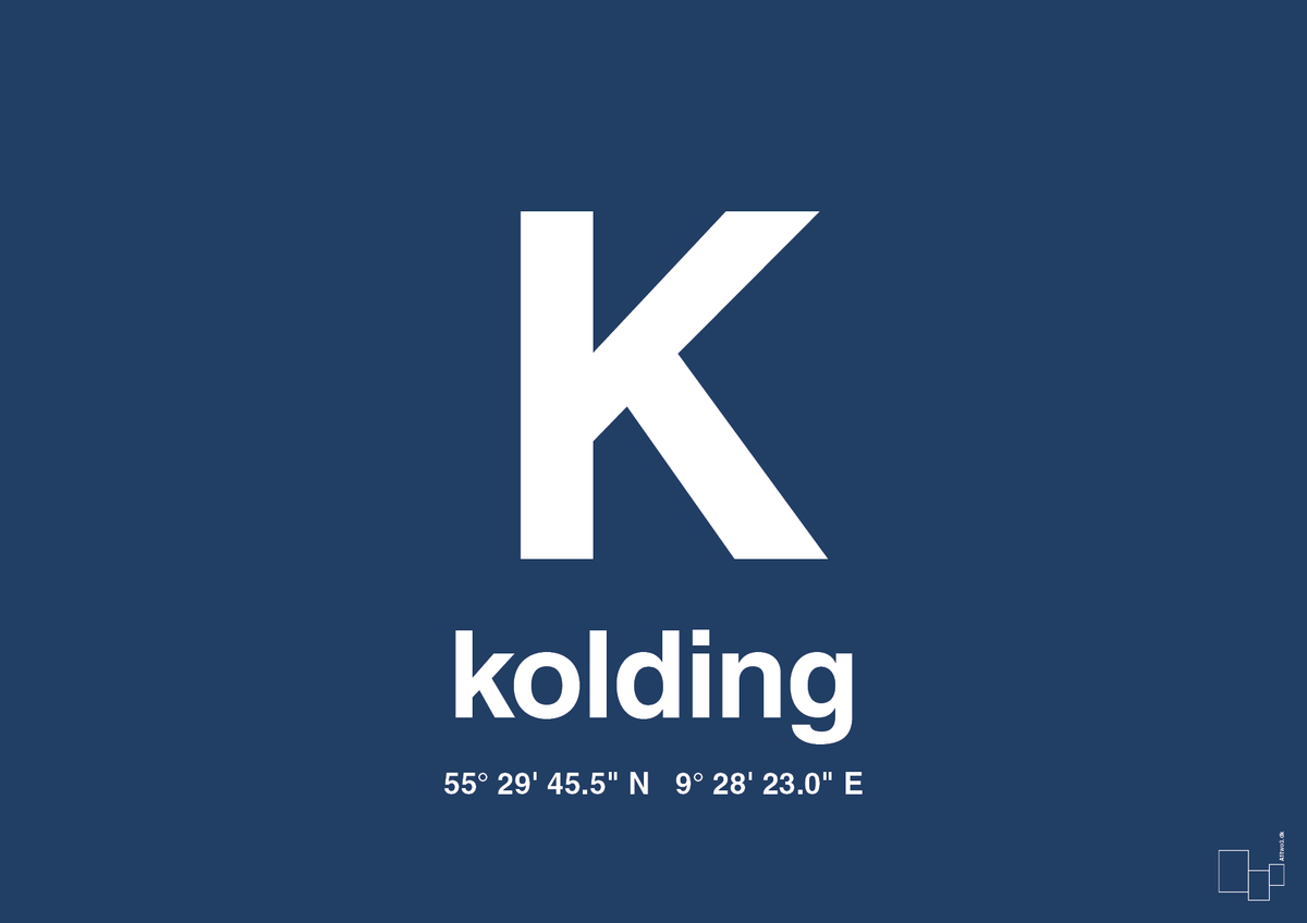 plakat: byplakat kolding med koordinater - lapis blue-Byer-A1two3