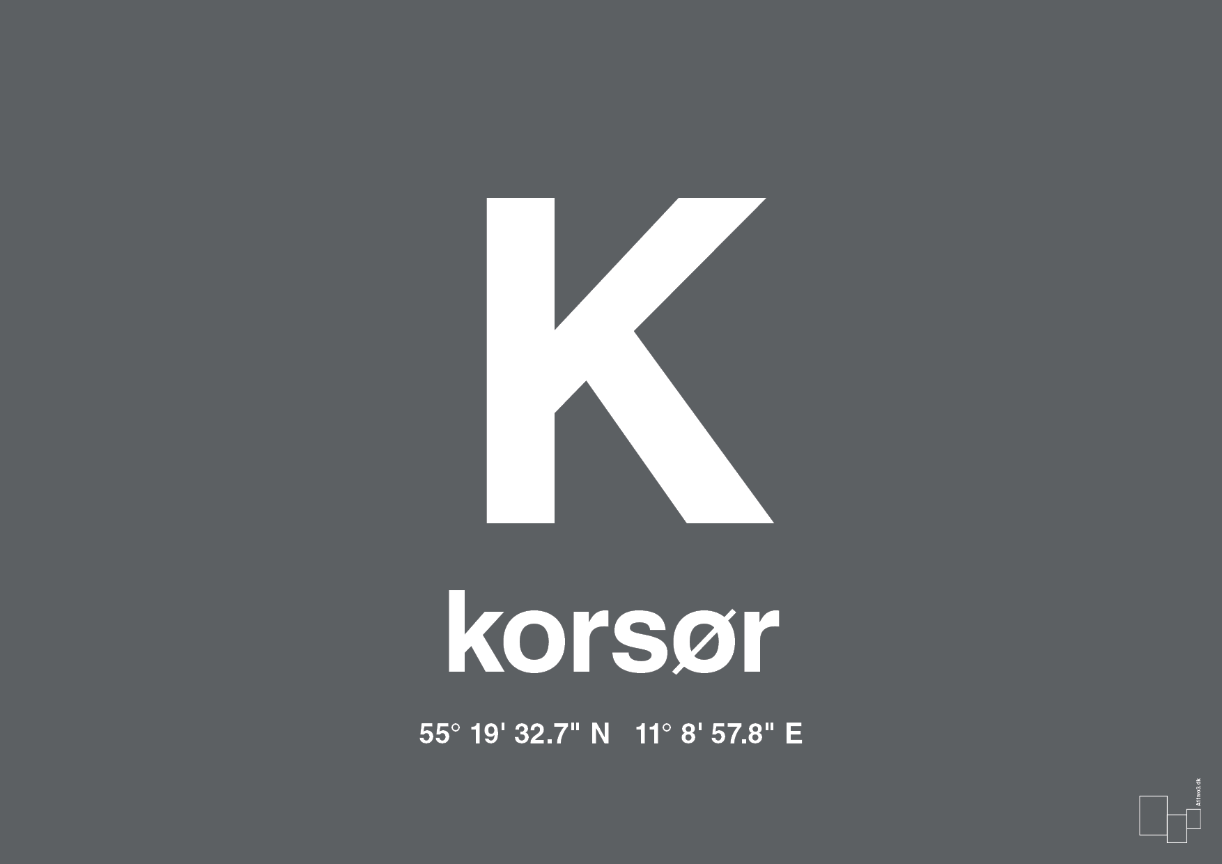 plakat: byplakat korsør med koordinater - graphic charcoal-Byer-A1two3