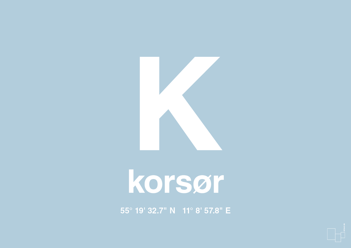 plakat: byplakat korsør med koordinater - heavenly blue-Byer-A1two3