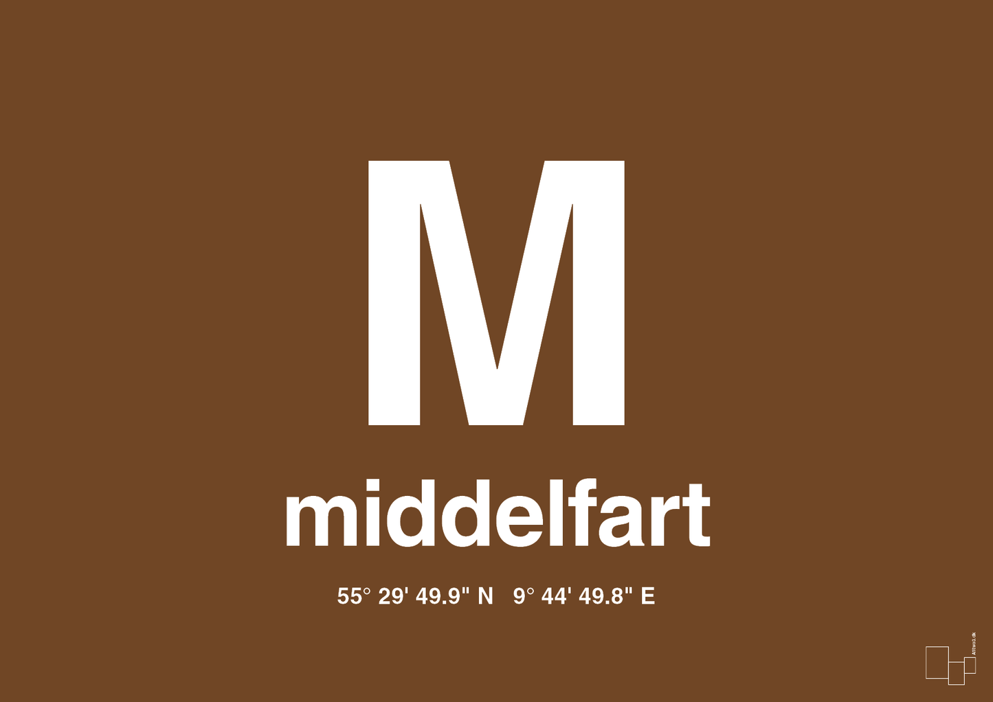 plakat: byplakat middelfart med koordinater - dark brown-Byer-A1two3