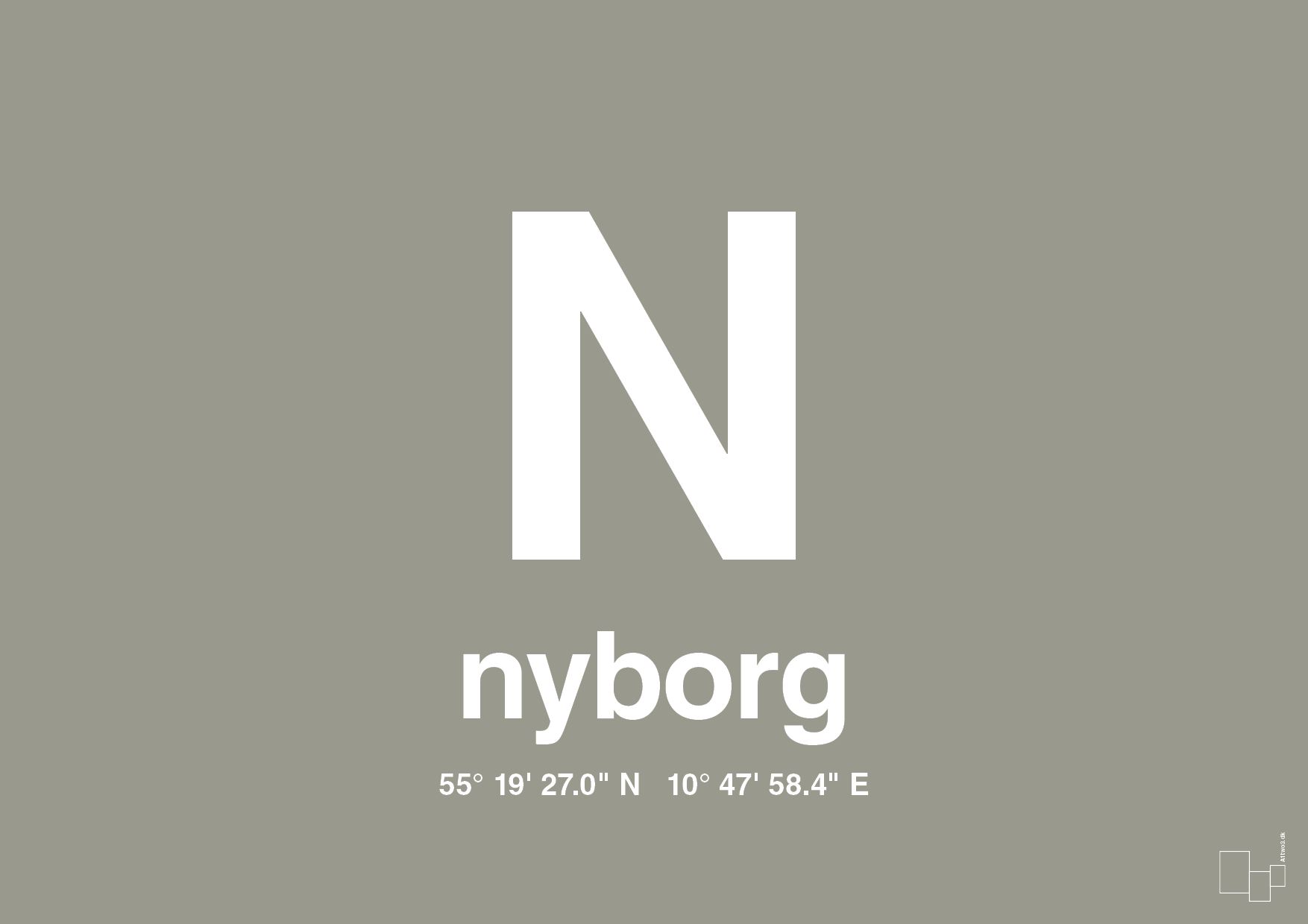 plakat: byplakat nyborg med koordinater - battleship gray-Byer-A1two3