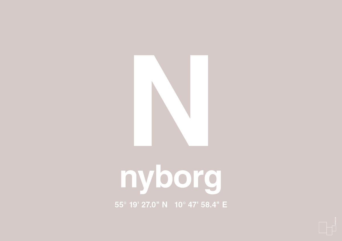 plakat: byplakat nyborg med koordinater - broken beige-Byer-A1two3
