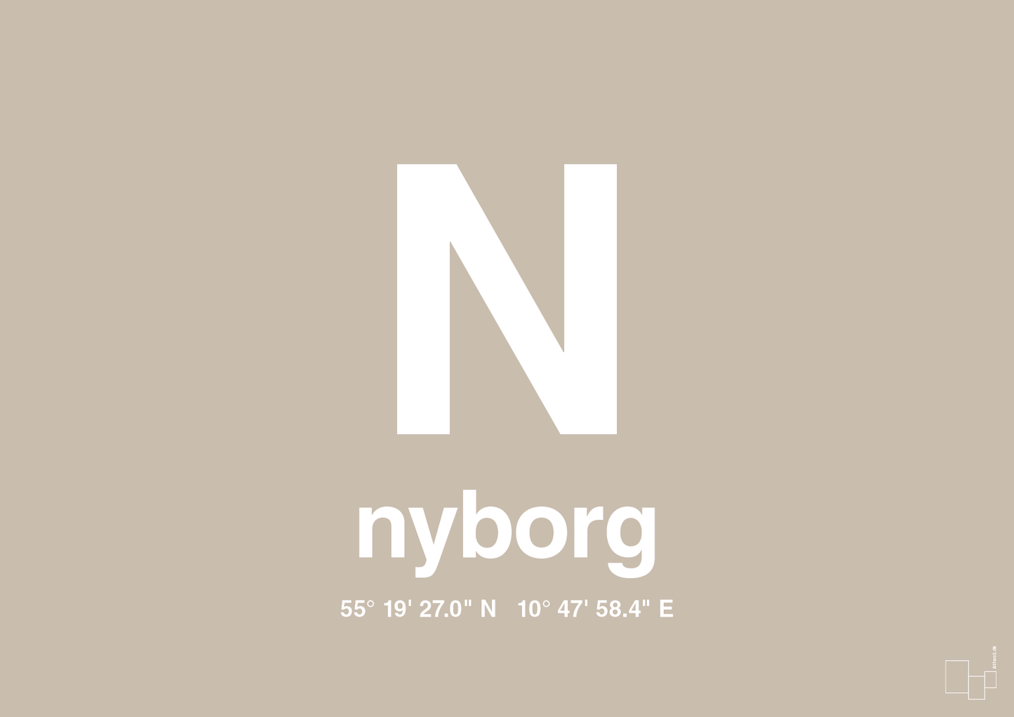 plakat: byplakat nyborg med koordinater - creamy mushroom-Byer-A1two3
