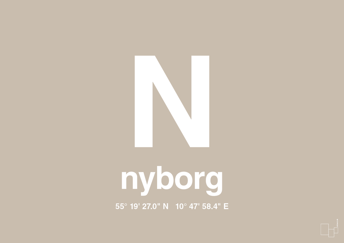 plakat: byplakat nyborg med koordinater - creamy mushroom-Byer-A1two3