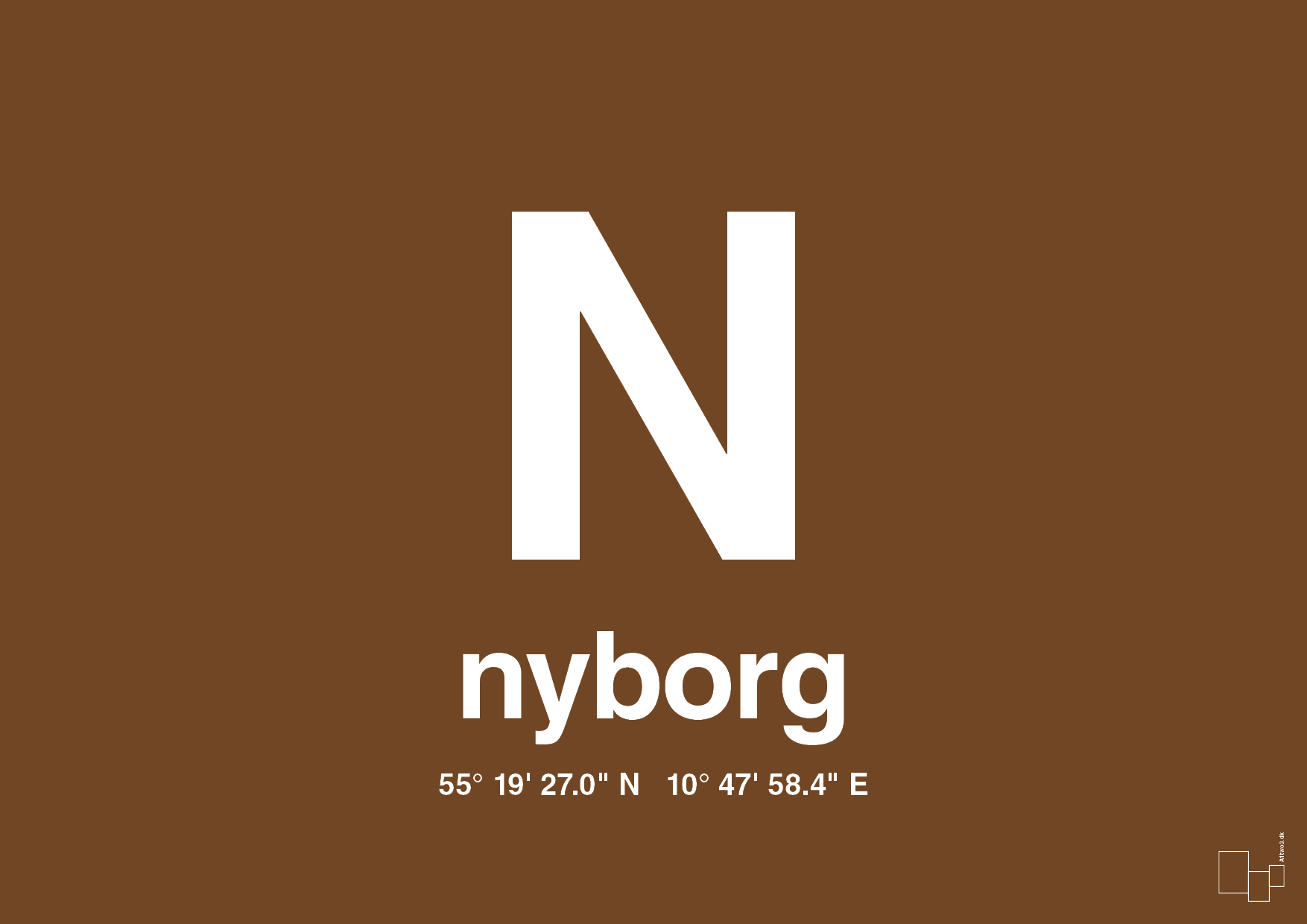 plakat: byplakat nyborg med koordinater - dark brown-Byer-A1two3