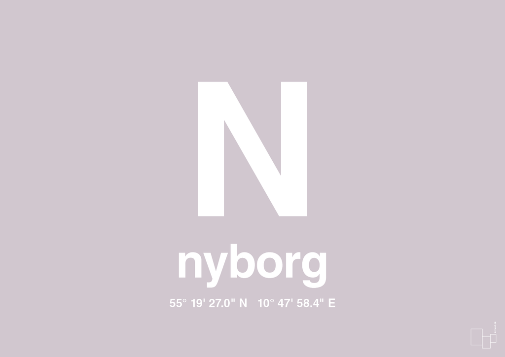 plakat: byplakat nyborg med koordinater - dusty lilac-Byer-A1two3