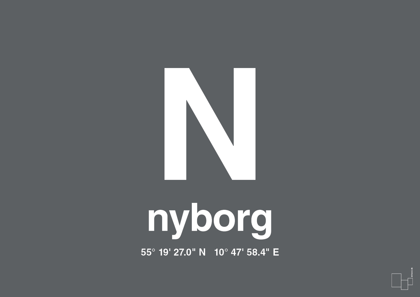 plakat: byplakat nyborg med koordinater - graphic charcoal-Byer-A1two3