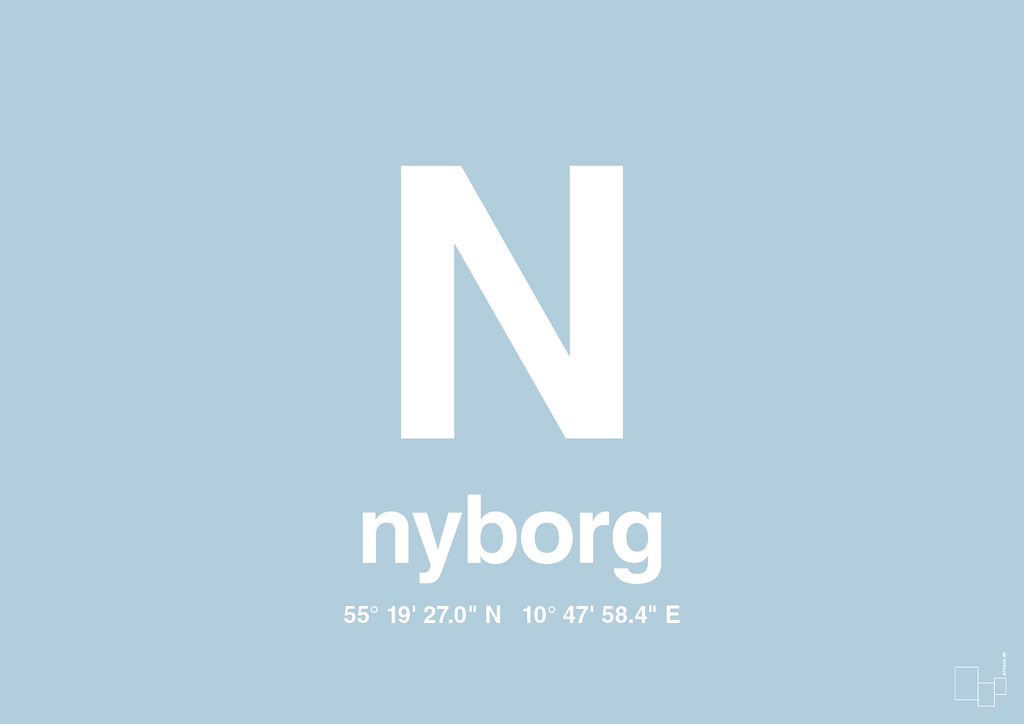plakat: byplakat nyborg med koordinater - heavenly blue-Byer-A1two3