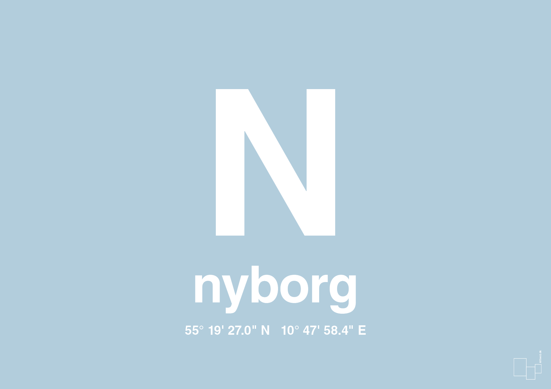 plakat: byplakat nyborg med koordinater - heavenly blue-Byer-A1two3