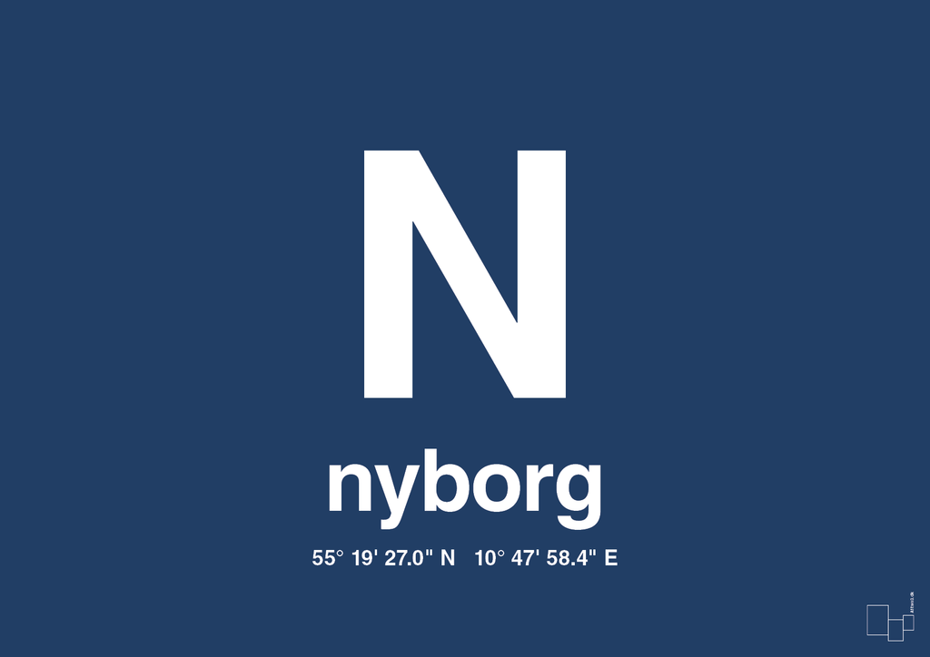 plakat: byplakat nyborg med koordinater - lapis blue-Byer-A1two3