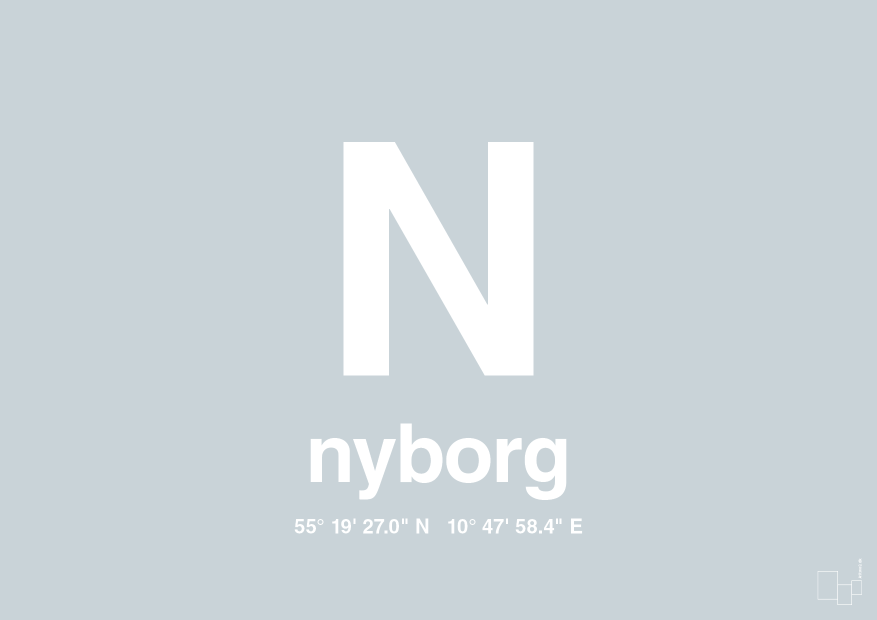 plakat: byplakat nyborg med koordinater - light drizzle-Byer-A1two3