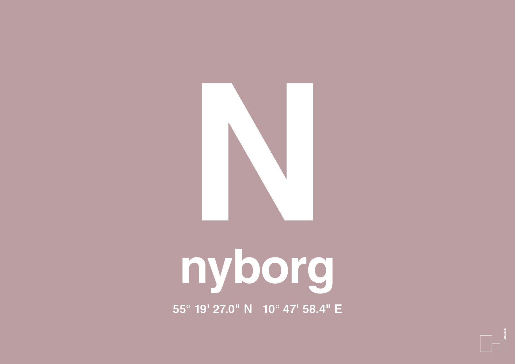 plakat: byplakat nyborg med koordinater - light rose-Byer-A1two3