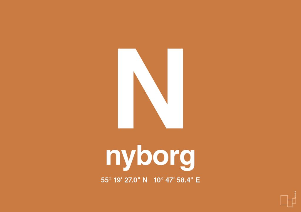 plakat: byplakat nyborg med koordinater - rumba orange-Byer-A1two3