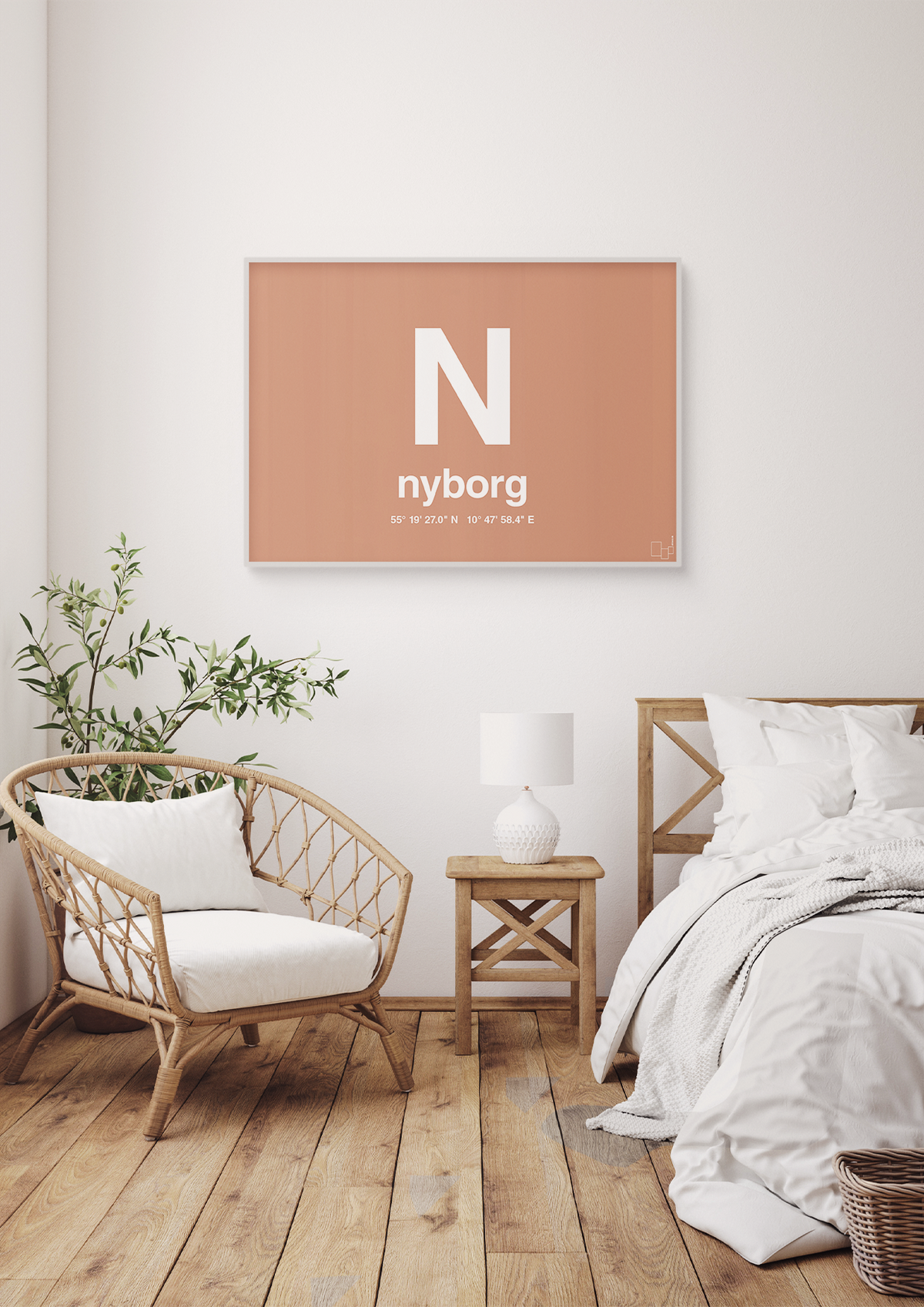 plakat: byplakat nyborg med koordinater - dark brown-Byer-A1two3
