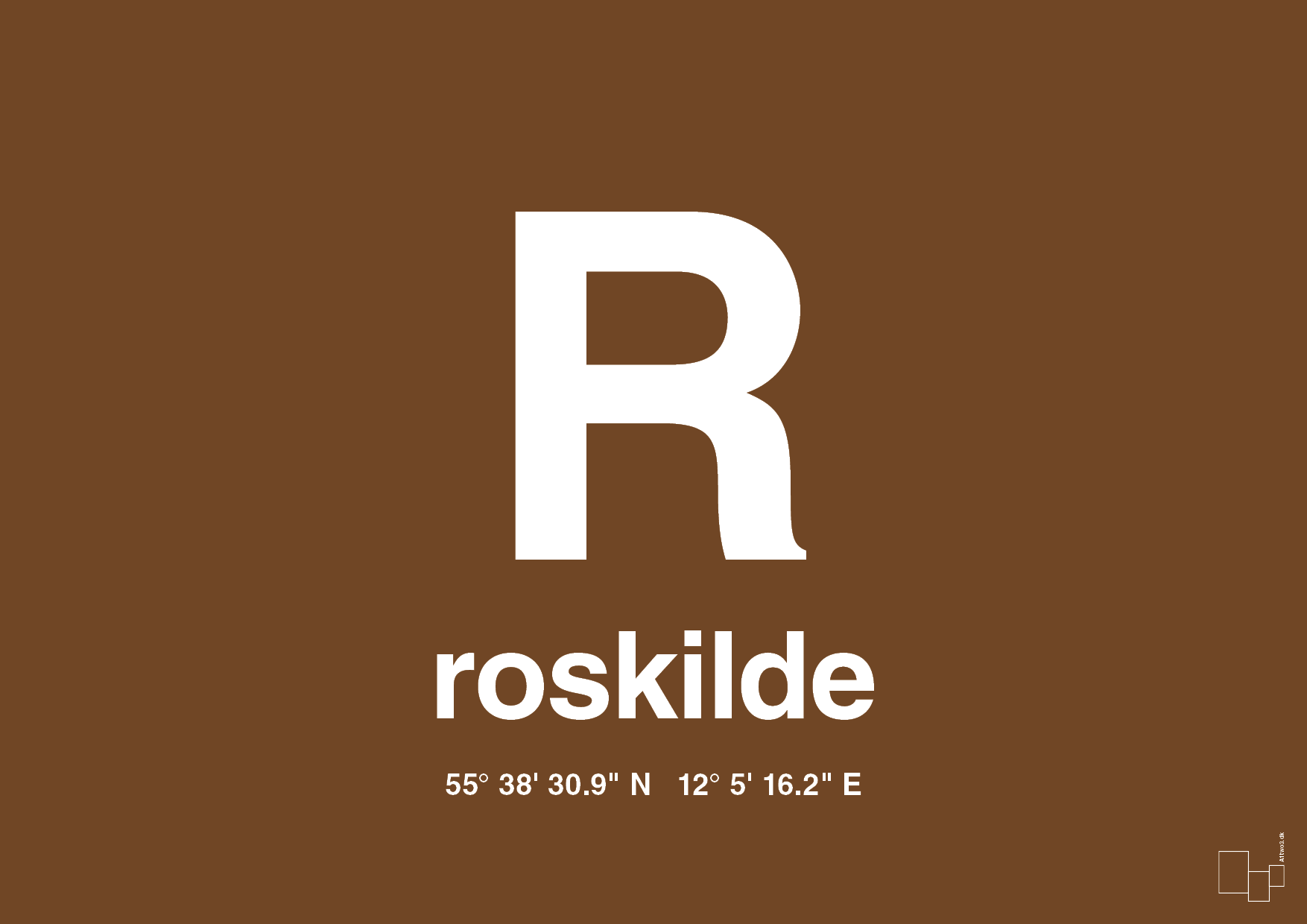 plakat: byplakat roskilde med koordinater - dark brown-Byer-A1two3