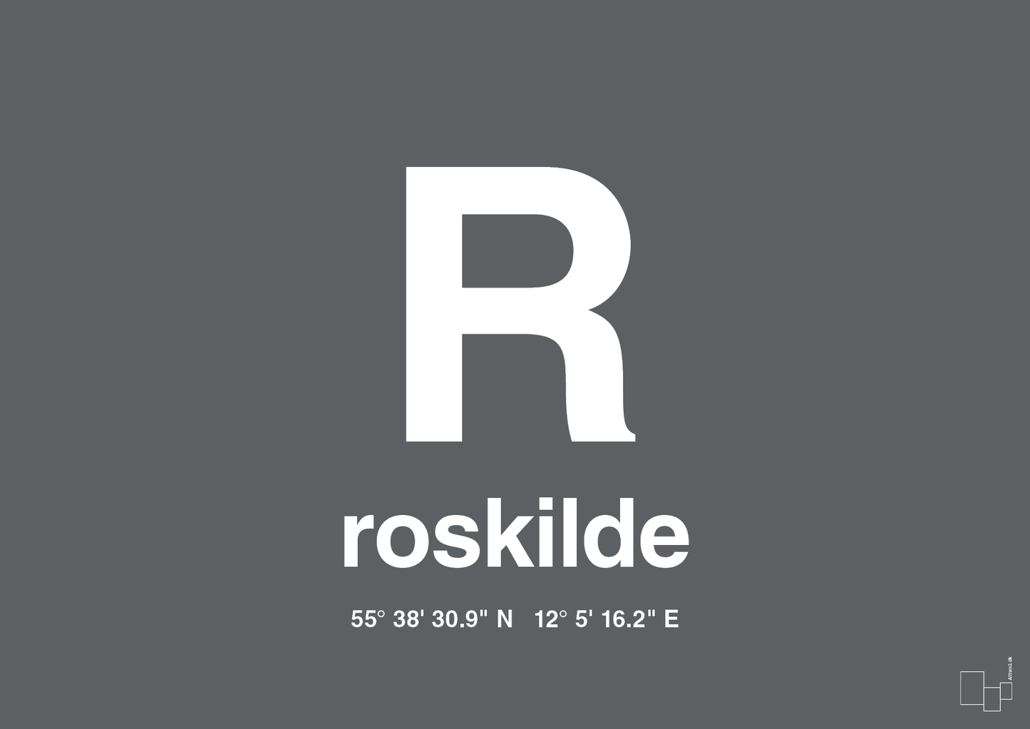 plakat: byplakat roskilde med koordinater - graphic charcoal-Byer-A1two3