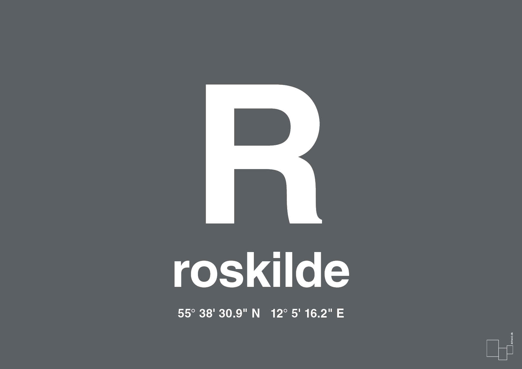plakat: byplakat roskilde med koordinater - graphic charcoal-Byer-A1two3