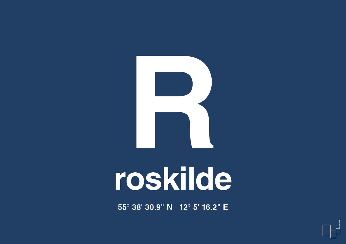 plakat: byplakat roskilde med koordinater - lapis blue-Byer-A1two3