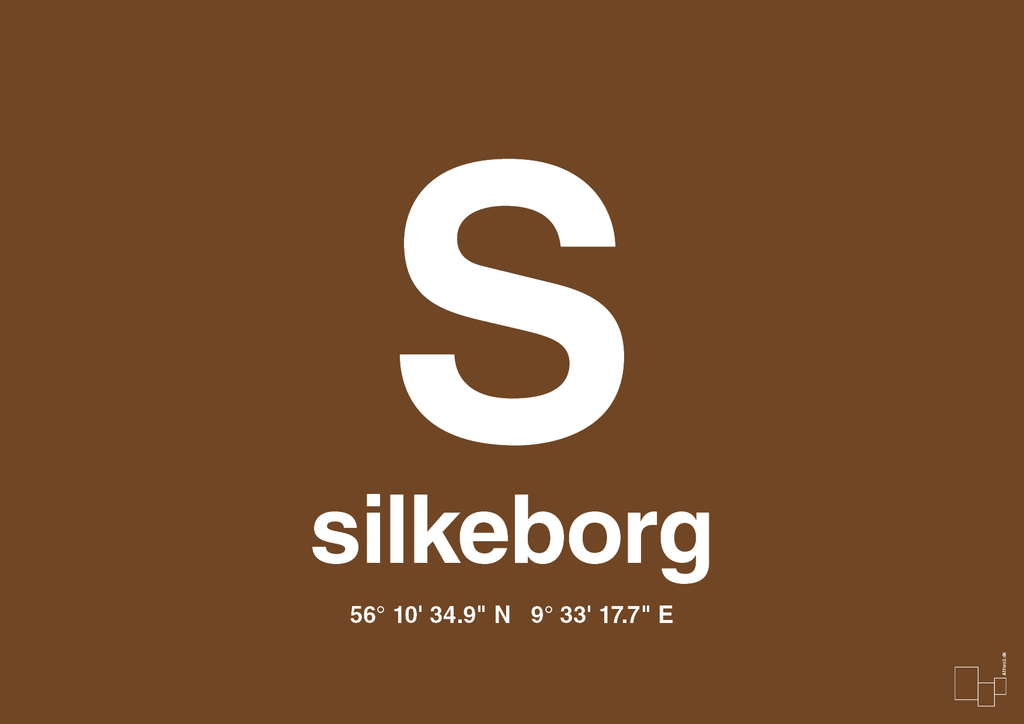plakat: byplakat silkeborg med koordinater - dark brown-Byer-A1two3