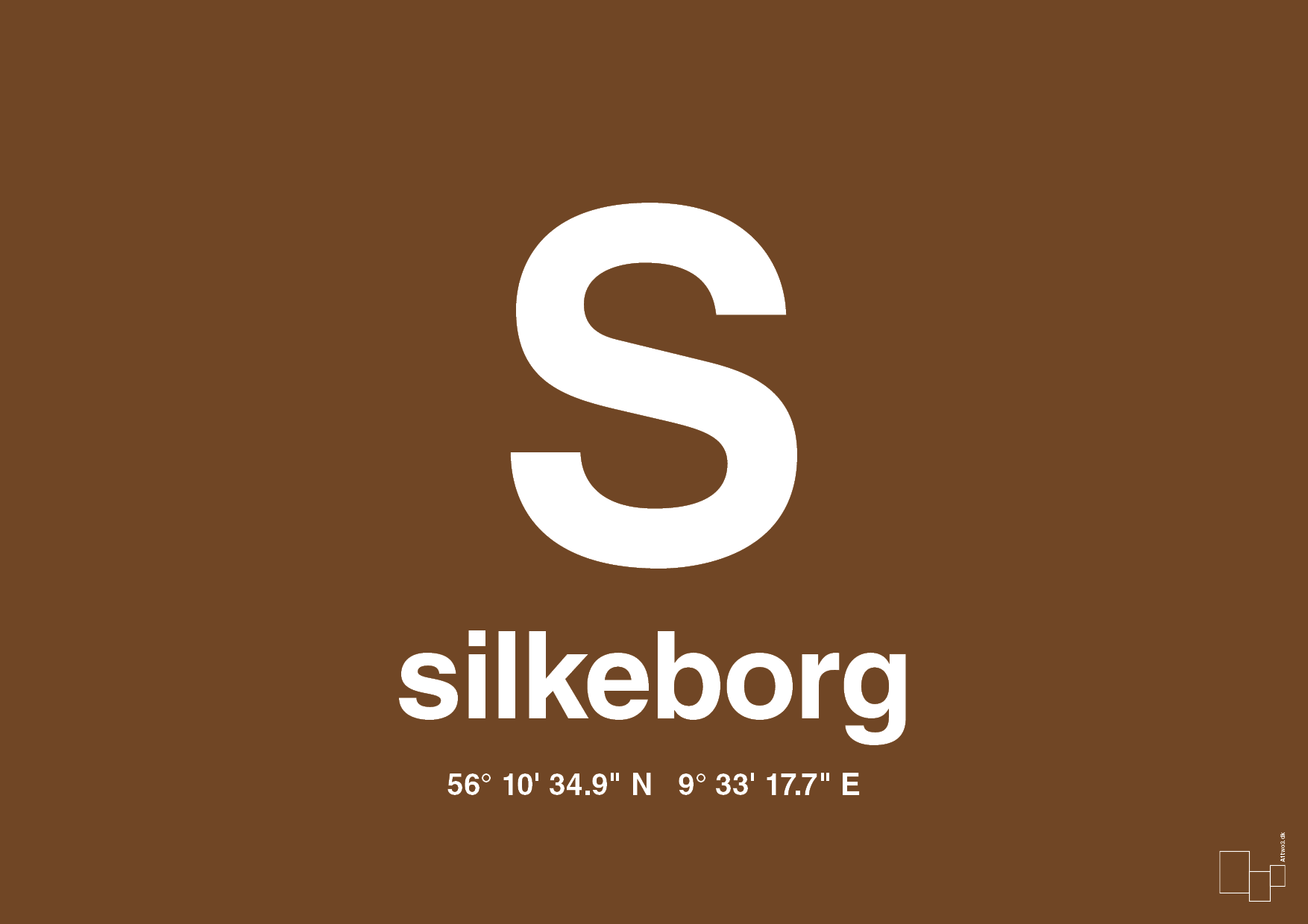 plakat: byplakat silkeborg med koordinater - dark brown-Byer-A1two3
