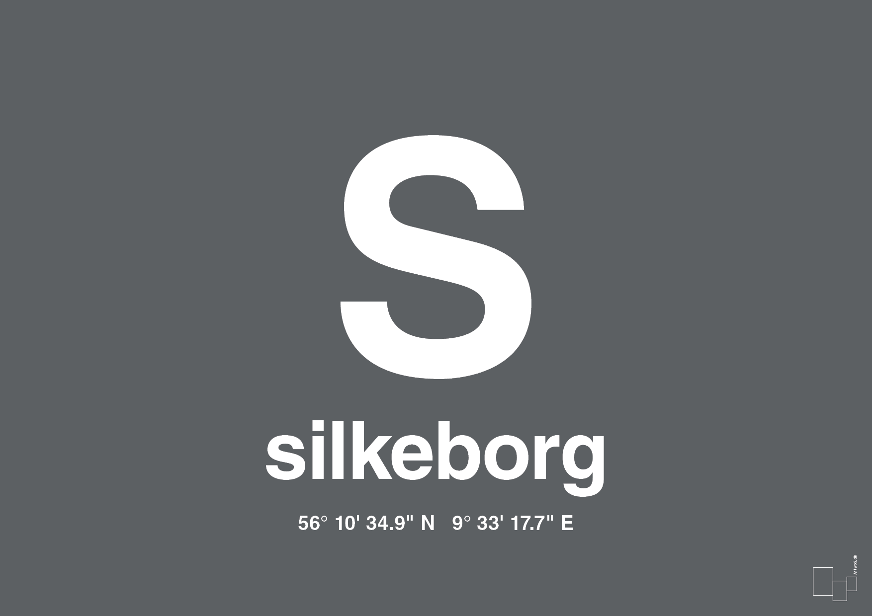 plakat: byplakat silkeborg med koordinater - graphic charcoal-Byer-A1two3