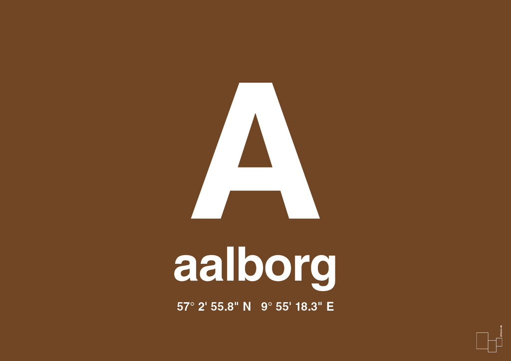 plakat: byplakat aalborg med koordinater - dark brown-Byer-A1two3