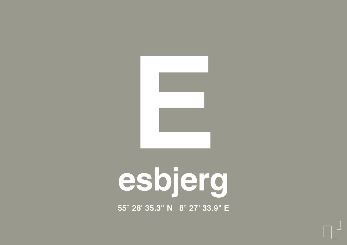 plakat: byplakat esbjerg med koordinater - battleship gray-Byer-A1two3