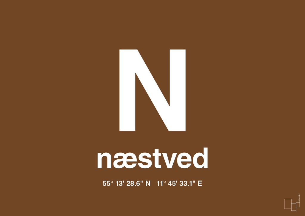 plakat: byplakat næstved med koordinater - dark brown-Byer-A1two3