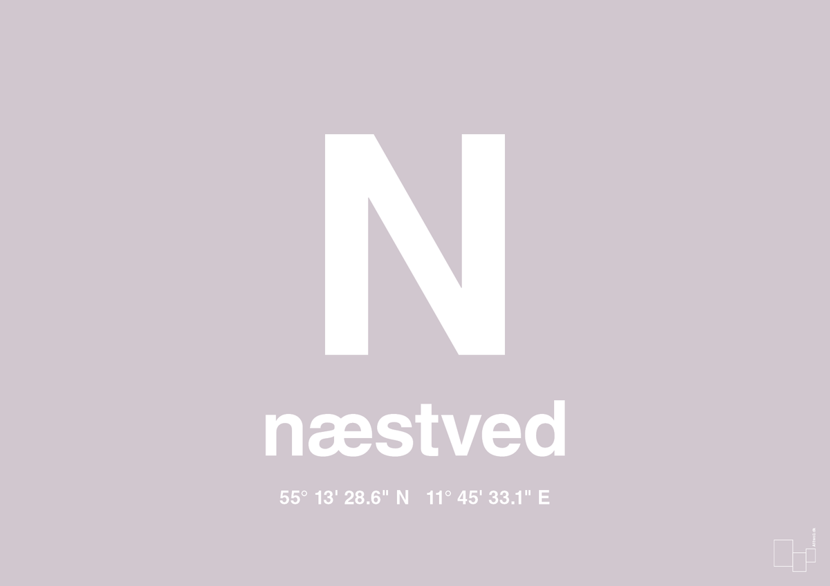 plakat: byplakat næstved med koordinater - dusty lilac-Byer-A1two3