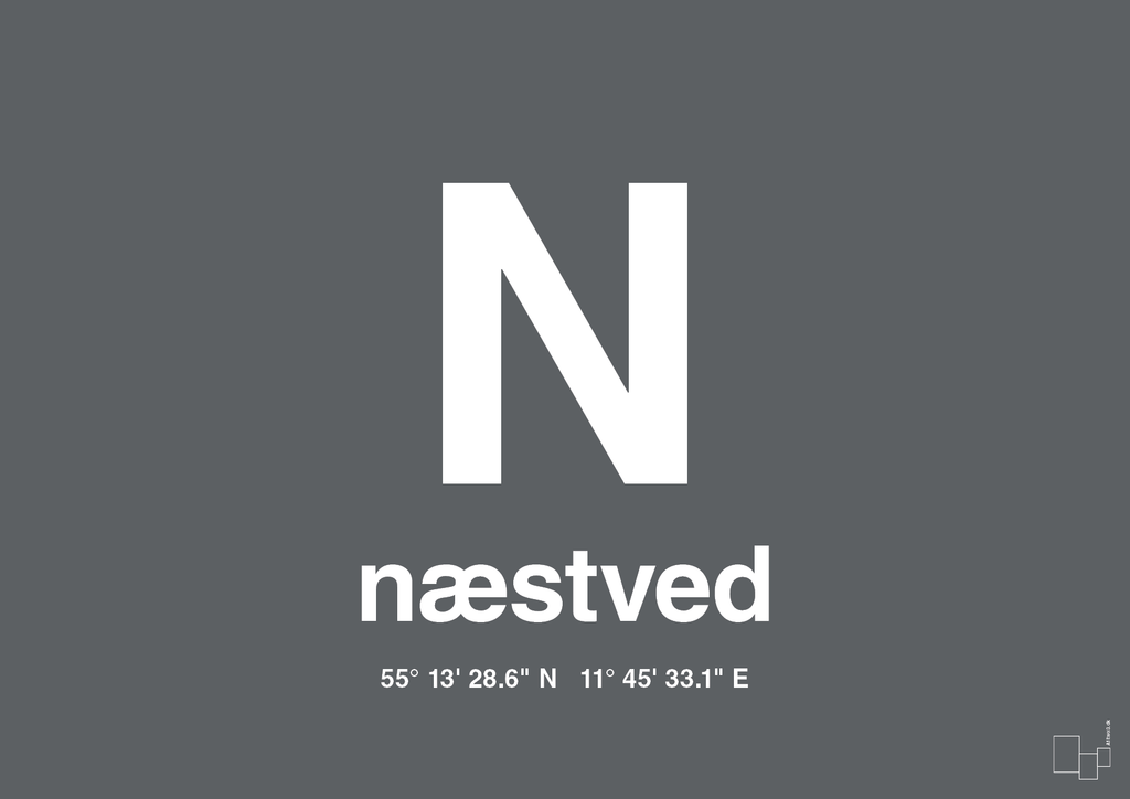 plakat: byplakat næstved med koordinater - graphic charcoal-Byer-A1two3