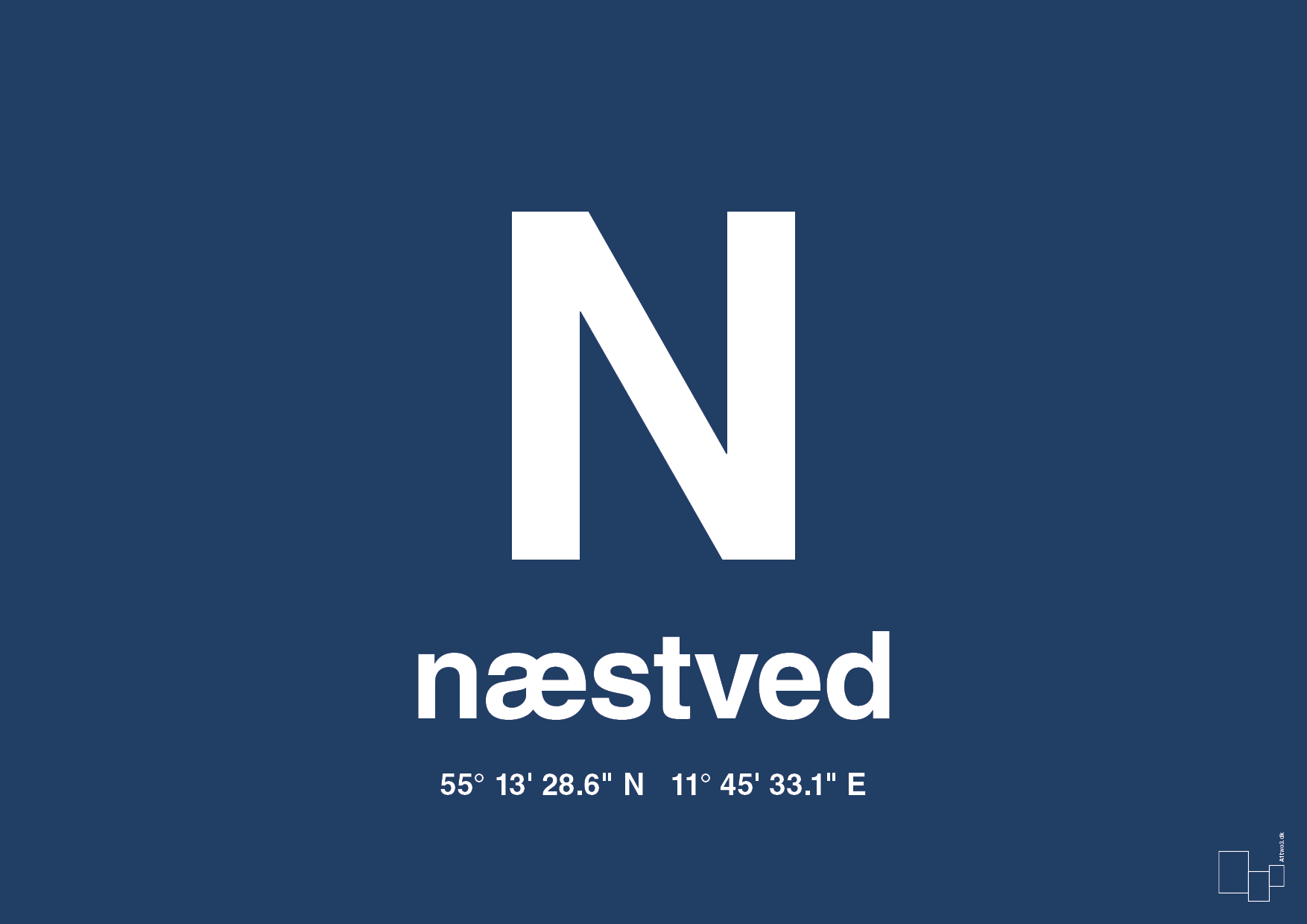 plakat: byplakat næstved med koordinater - lapis blue-Byer-A1two3