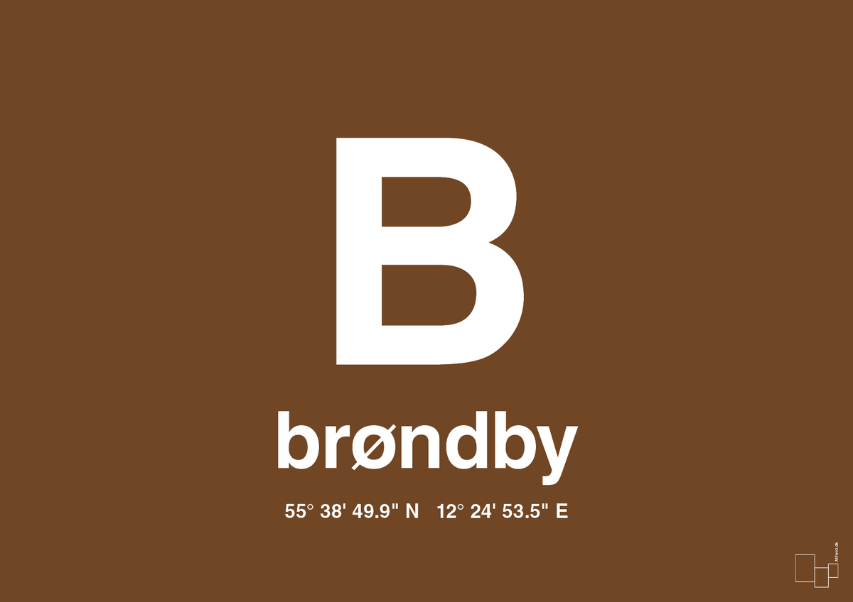 plakat: byplakat brøndby med koordinater - dark brown-Byer-A1two3
