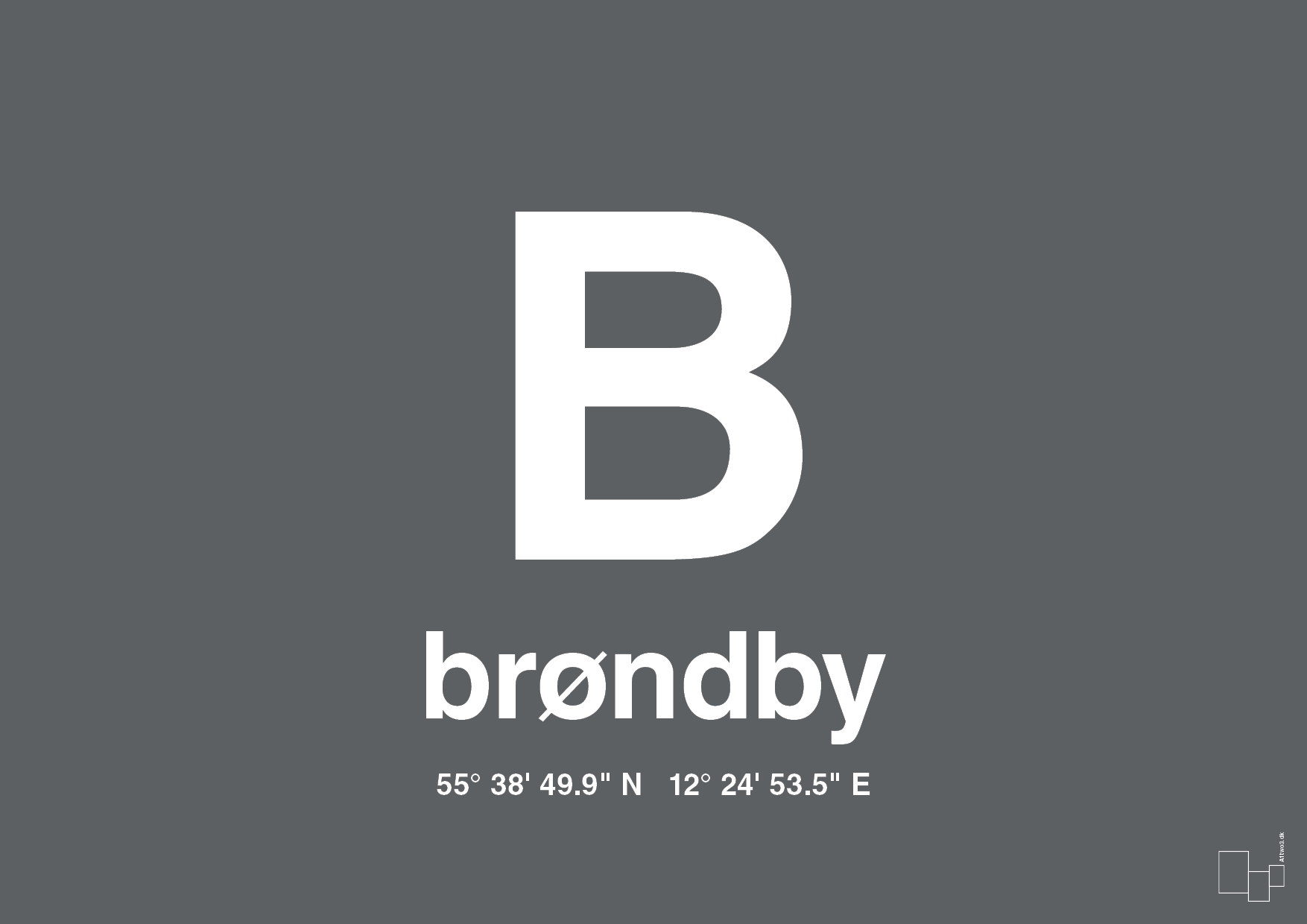 plakat: byplakat brøndby med koordinater - graphic charcoal-Byer-A1two3