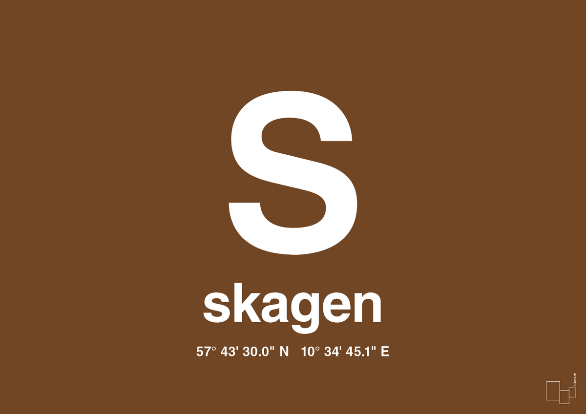 plakat: byplakat skagen med koordinater - dark brown-Byer-A1two3