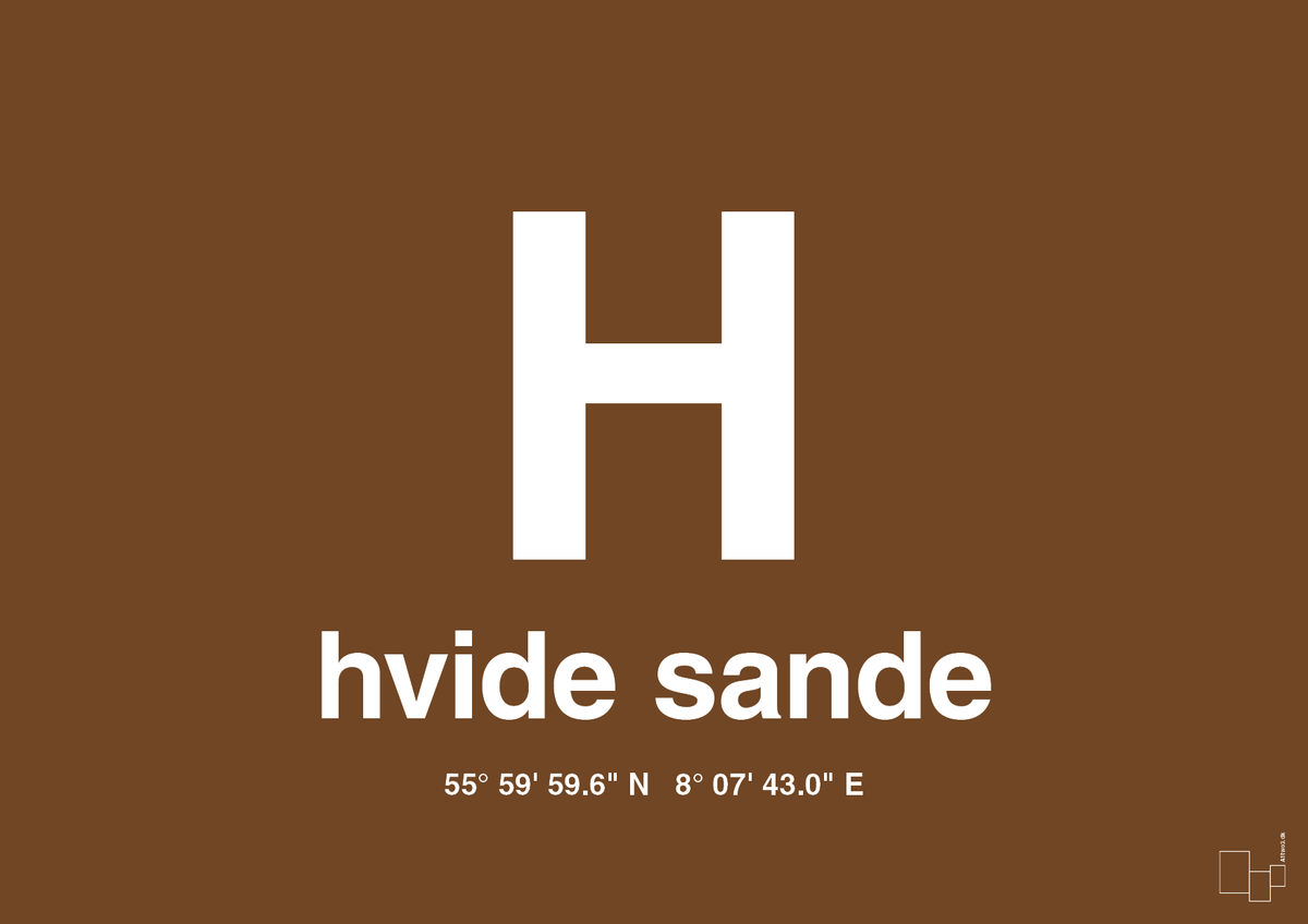 plakat: byplakat hvide sande med koordinater - dark brown-Byer-A1two3