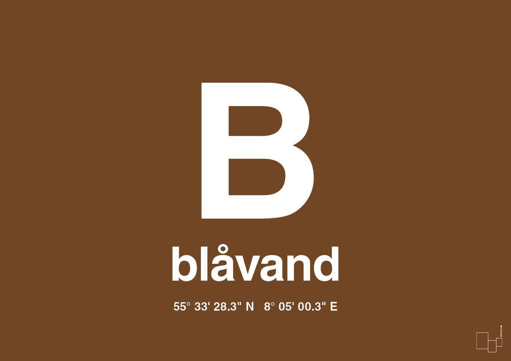 plakat: byplakat blåvand med koordinater - dark brown-Byer-A1two3