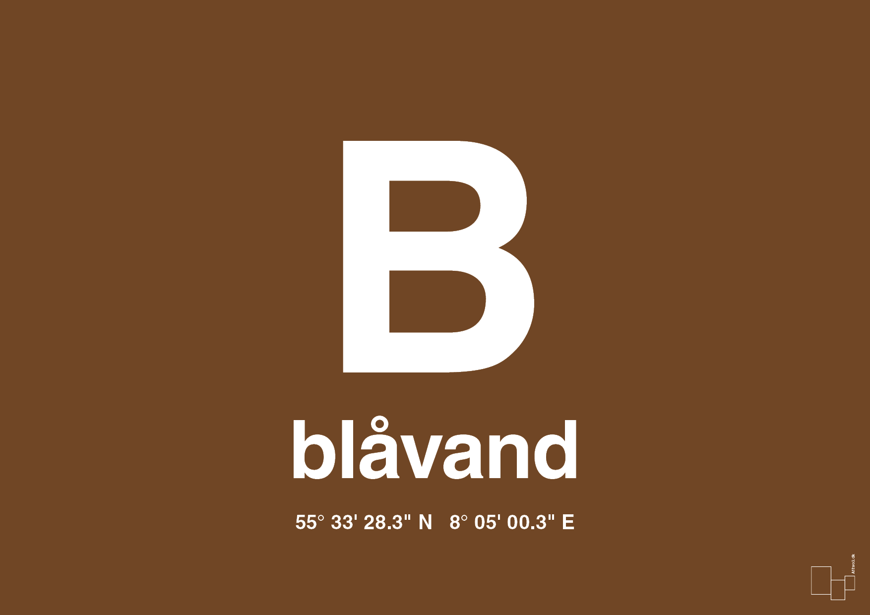 plakat: byplakat blåvand med koordinater - dark brown-Byer-A1two3